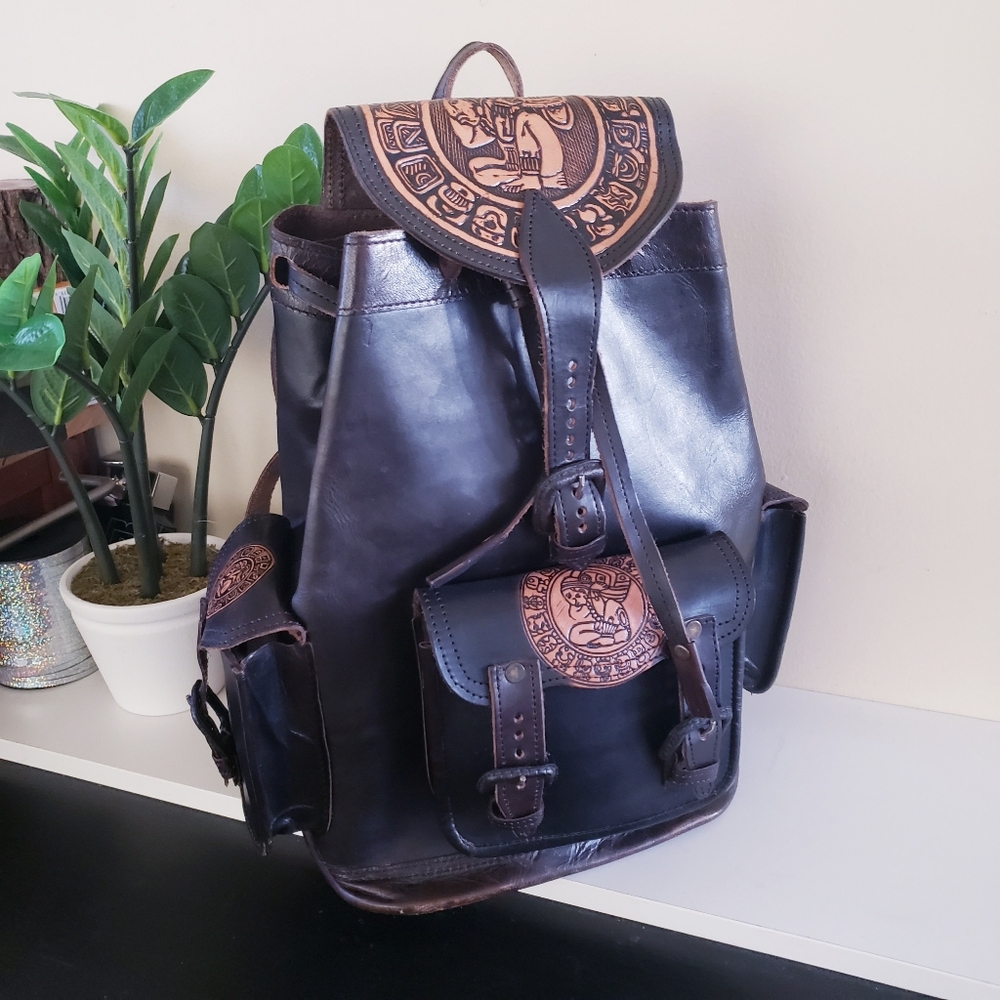 Handcrafted Tooled Leather Backpack - O/S Made In MEXICO - Picture 3 of 15